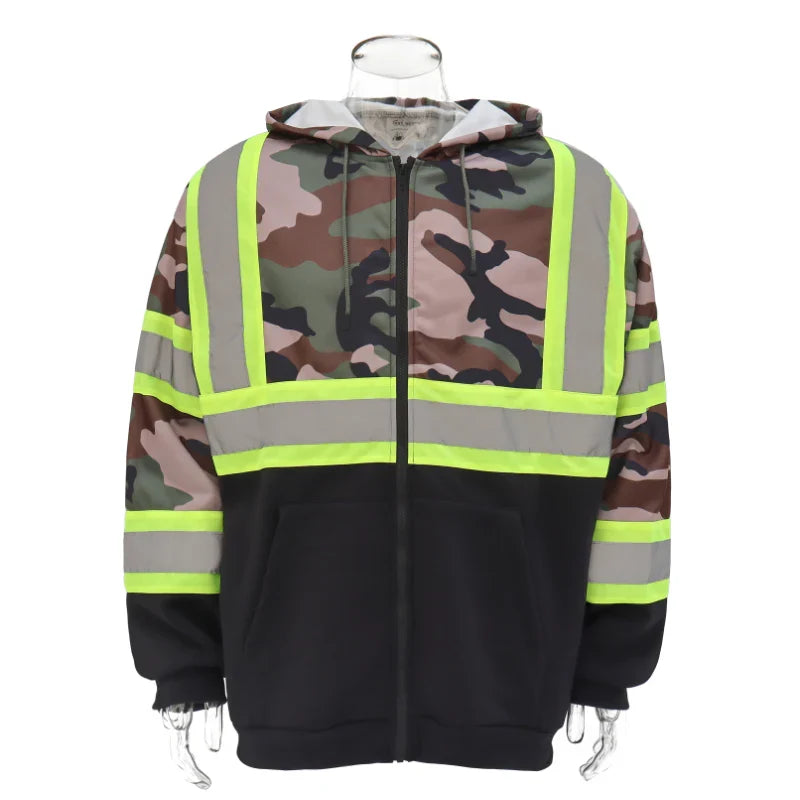 Color Block Zip-Up Hoodie with Reflective Stripes – Everyday Workwear