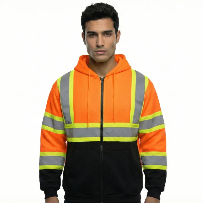 Hi-Vis Class 3 Color Block Zip-Up Hoodie with Reflective Stripes