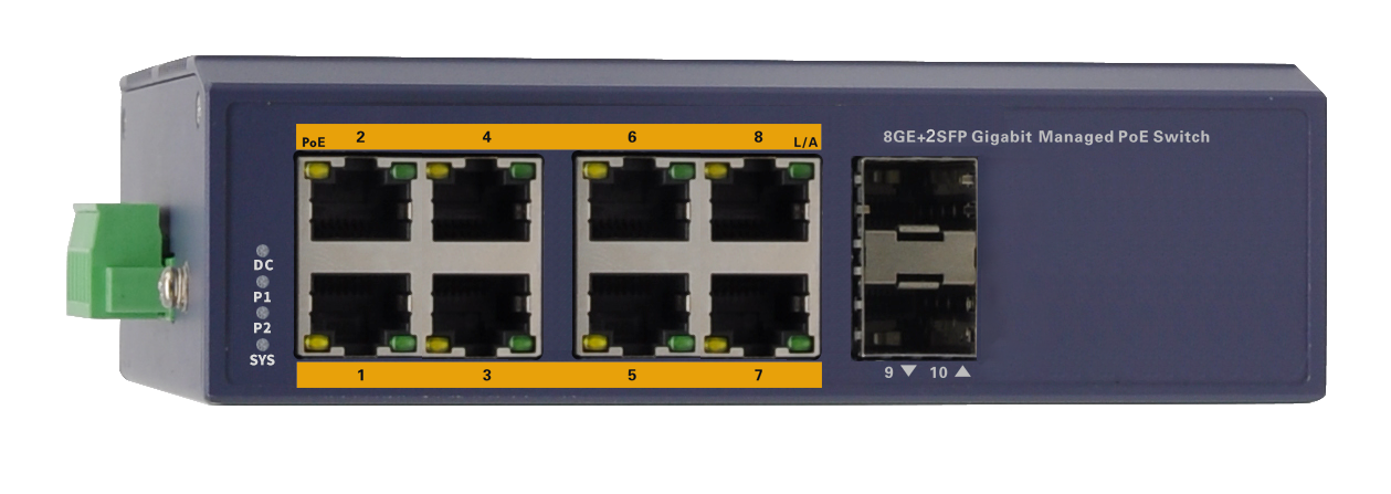 Silarius SIL-INDSW8P1G2SFP 10 Ports Gigabit managed industrial PoE switch - 8 Gigabit RJ45 ports and 2 Gigabit SFP slots