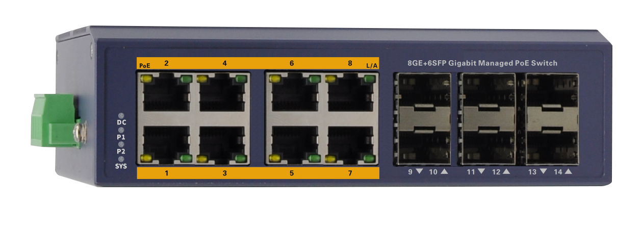 Silarius SIL-INDSW8P1G6SFP 14 Ports Gigabit managed industrial PoE switch - 8 Gigabit RJ45 ports and 6 Gigabit SFP slots