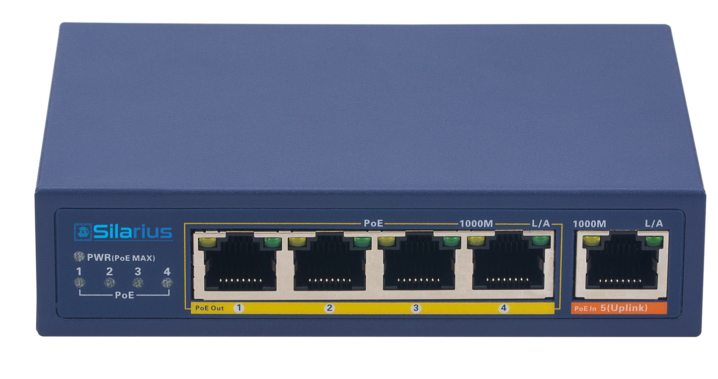 Silarius SIL-SWPP4P65 PoE Powered 5-Port Gigabit Switch with PoE Passthrough, 65W Power Budget for Powering up to 4 PoE Network Devices via Cat5e/Cat6 RJ45 Network Cables - 30W per output port