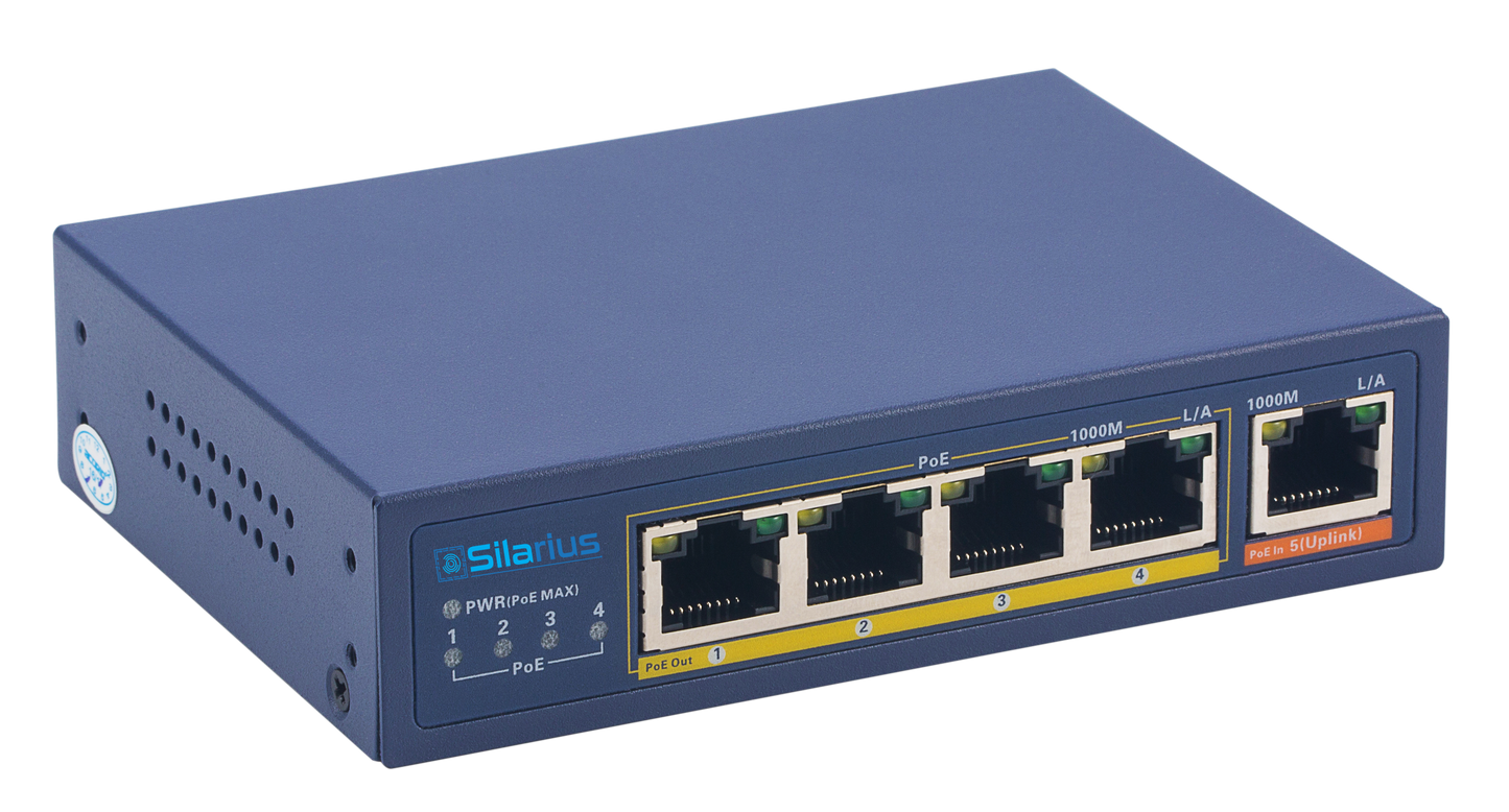 Silarius SIL-SWPP4P65 PoE Powered 5-Port Gigabit Switch with PoE Passthrough, 65W Power Budget for Powering up to 4 PoE Network Devices via Cat5e/Cat6 RJ45 Network Cables - 30W per output port