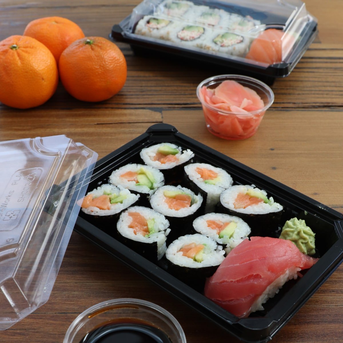 Black Sushi Box w/ PLA Clear Lid | World Centric 7x5x2" (QTY:300)
