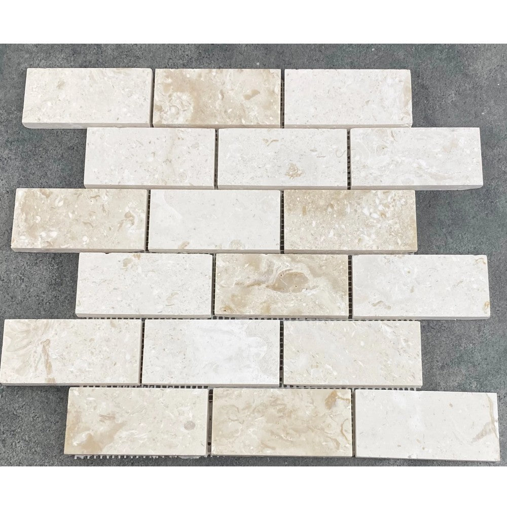 Shell Stone Limestone 2"x4" Brick Honed on 12" x 12" Mesh Mosaic Tile