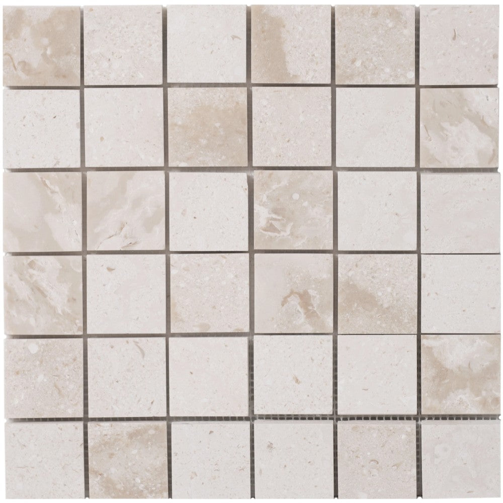 Shell Stone Limestone 2"x2" Honed on 12" x 12" Mesh Mosaic Tile