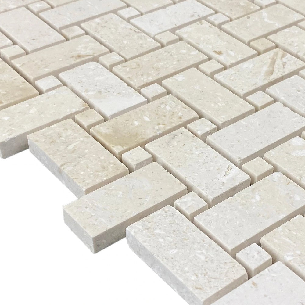 Shell Stone Limestone Basketweave Design on 12" x 12" Mesh Mosaic Tile