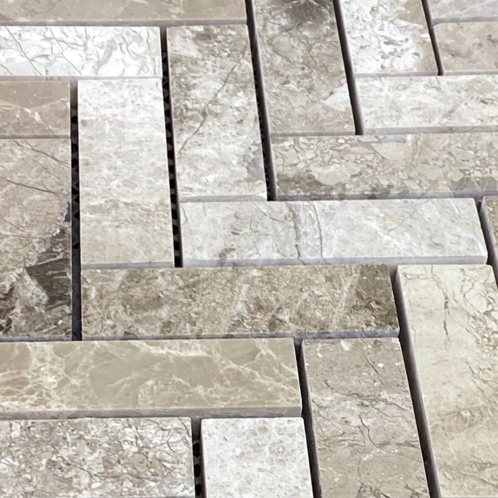 Silver Shadow Marble 1"x3" Herringbone on 12" x 12" Mesh Mosaic Tile
