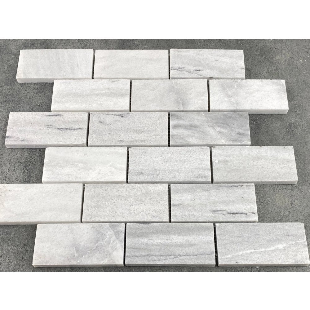 Solto White Marble 2"x4" Brick Honed on 12" x 12" Mesh Mosaic Tile
