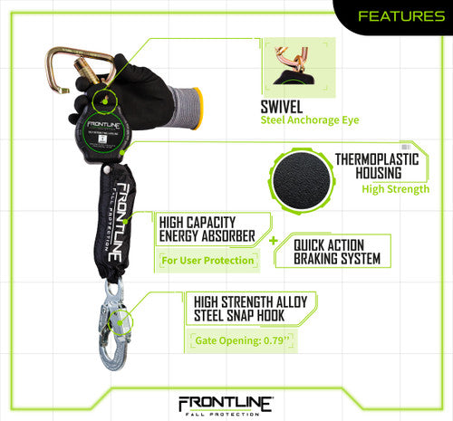 Frontline RPA061S 6' Aramid Fiber Web Single Leg SRL with Steel Snap Hook End