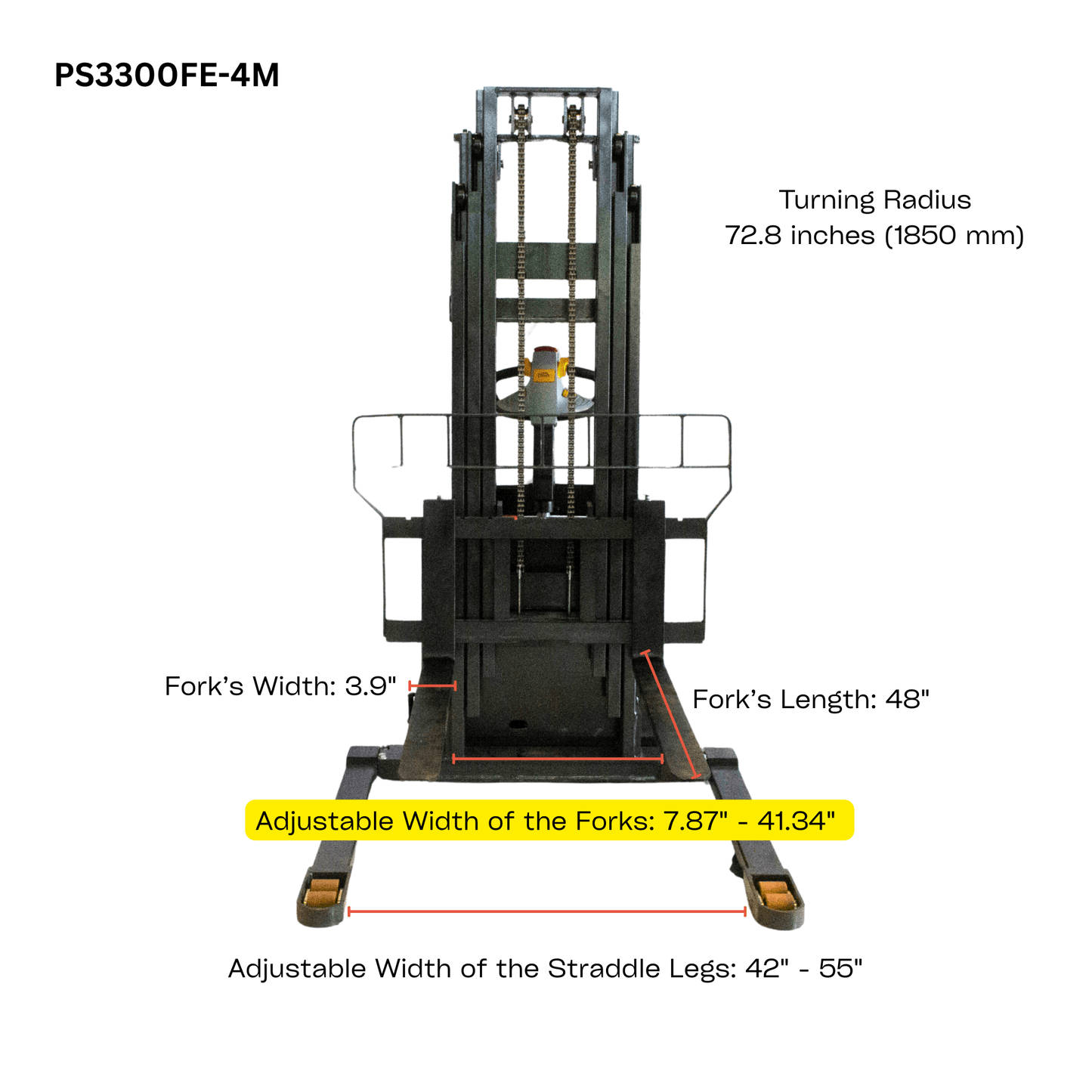 PS3300FE-4M Full Electric Pallet Stacker – 3300 lbs Capacity, 157" Lift Height, Adjustable Legs