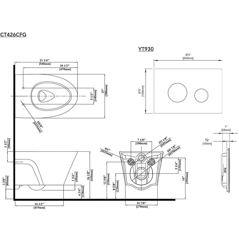TOTO AP Wall-Hung 1.28 GPF & 0.9 GPF Dual-Flush Elongated Toilet With Duofit In-Wall Tank Unit and Push Plate