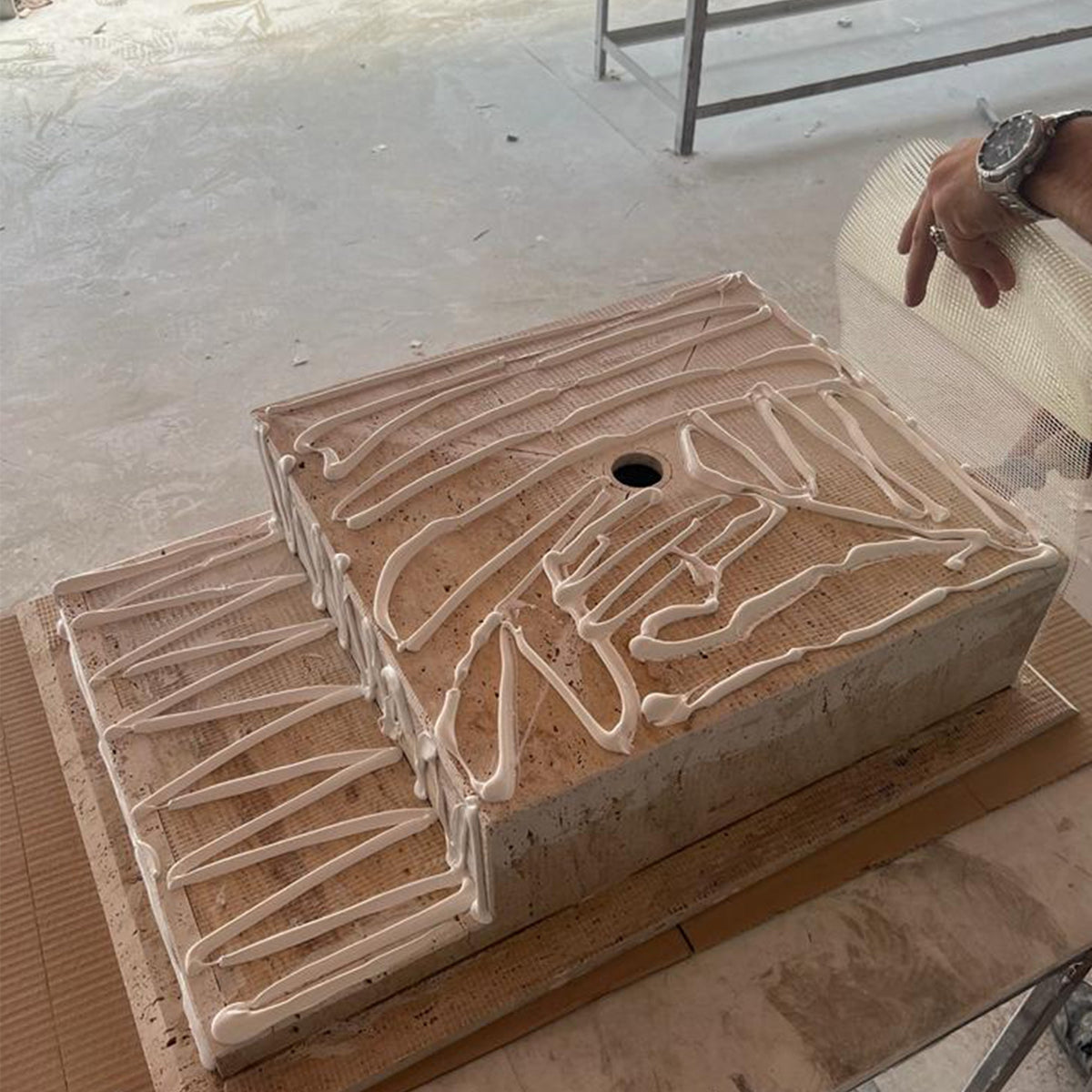 Beige Travertine Hand Carved Vanity Sink with Natural Vein Cut