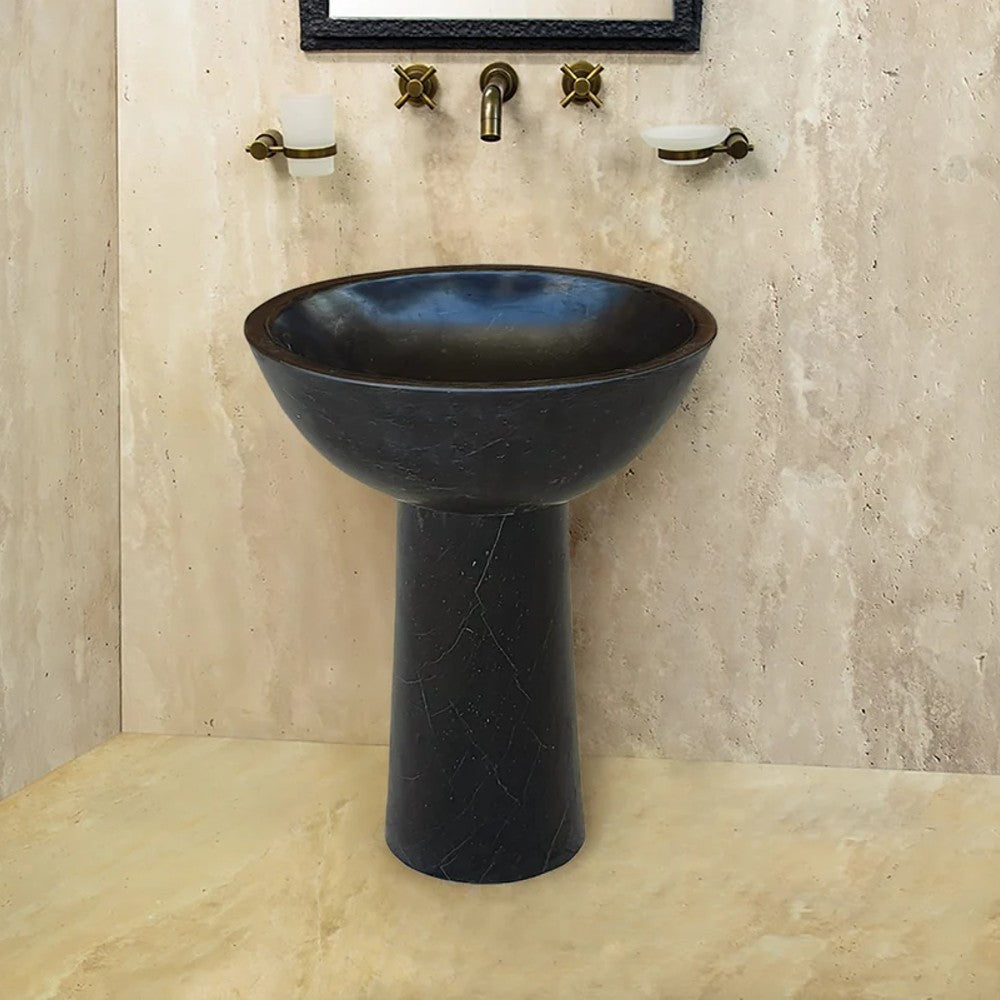 Black Marble Natural Stone Pedestal Oval Sink - Polished 17x20