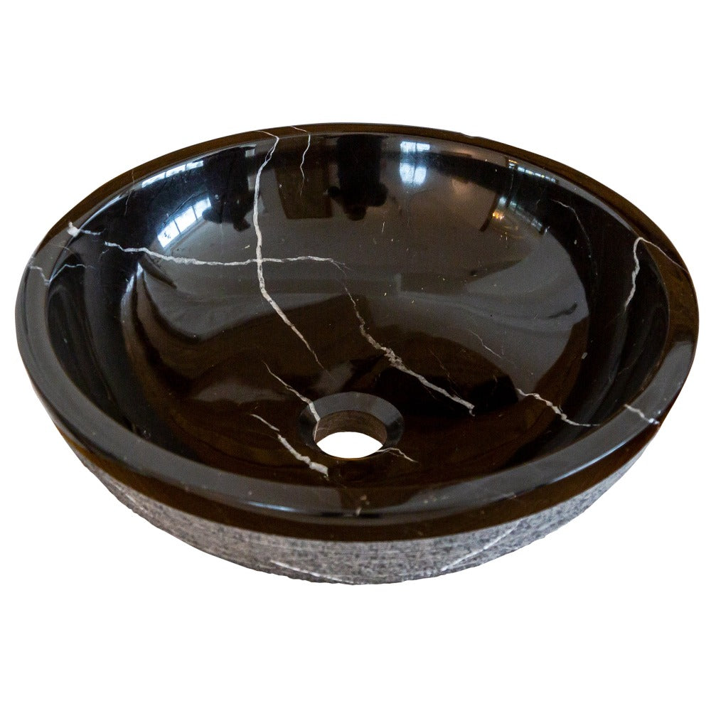 Black Marble Natural Stone Handcrafted Vessel Sink - Rough Exterior 16 x 6 Inches