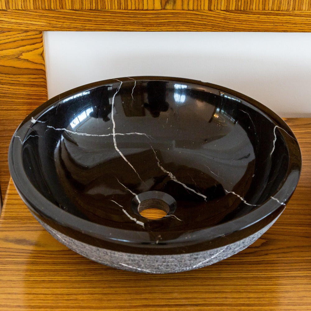 Black Marble Natural Stone Handcrafted Vessel Sink - Rough Exterior 16 x 6 Inches