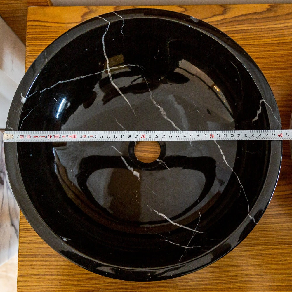 Black Marble Natural Stone Handcrafted Vessel Sink - Rough Exterior 16 x 6 Inches