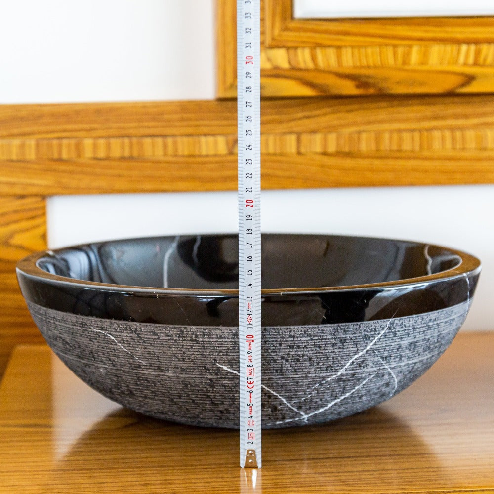 Black Marble Natural Stone Handcrafted Vessel Sink - Rough Exterior 16 x 6 Inches