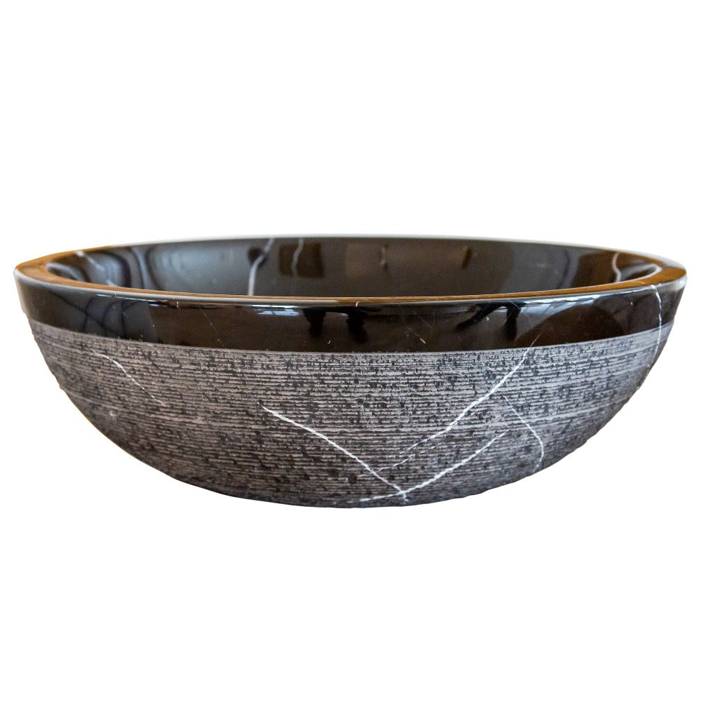 Black Marble Natural Stone Handcrafted Vessel Sink - Rough Exterior 16 x 6 Inches
