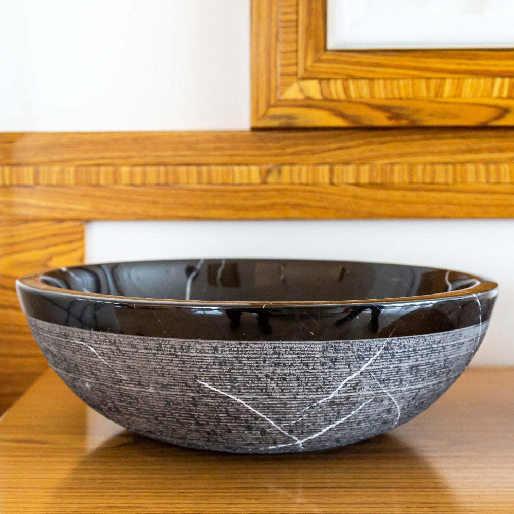 Black Marble Natural Stone Handcrafted Vessel Sink - Rough Exterior 16 x 6 Inches