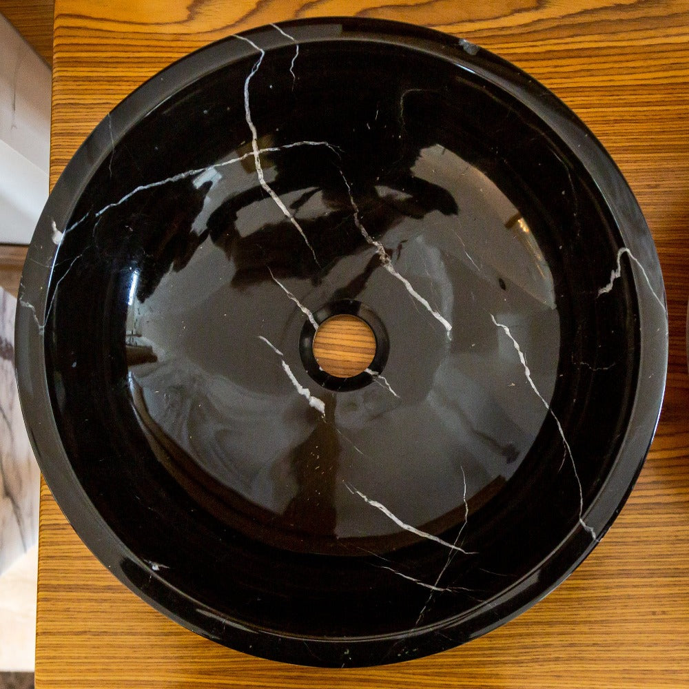 Black Marble Natural Stone Handcrafted Vessel Sink - Rough Exterior 16 x 6 Inches