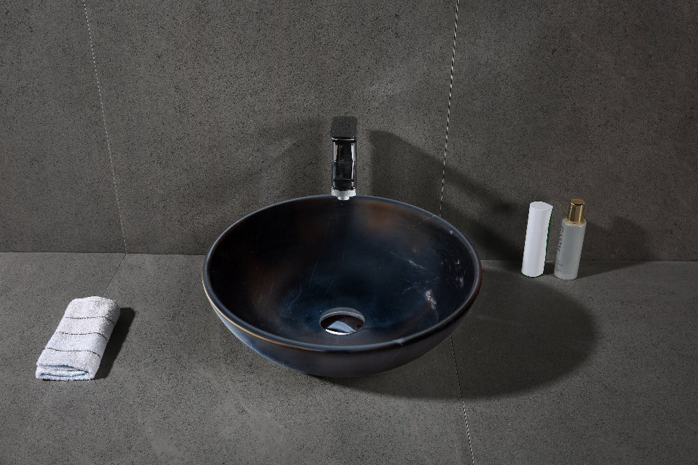 Black Natural Stone Marble Vessel Sink Semi-Polished 16x6 Inches