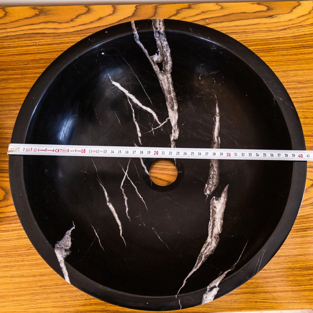 Black Marble Polished Vessel Sink - Natural Stone Toros Round 16 Diameter 6 Inch