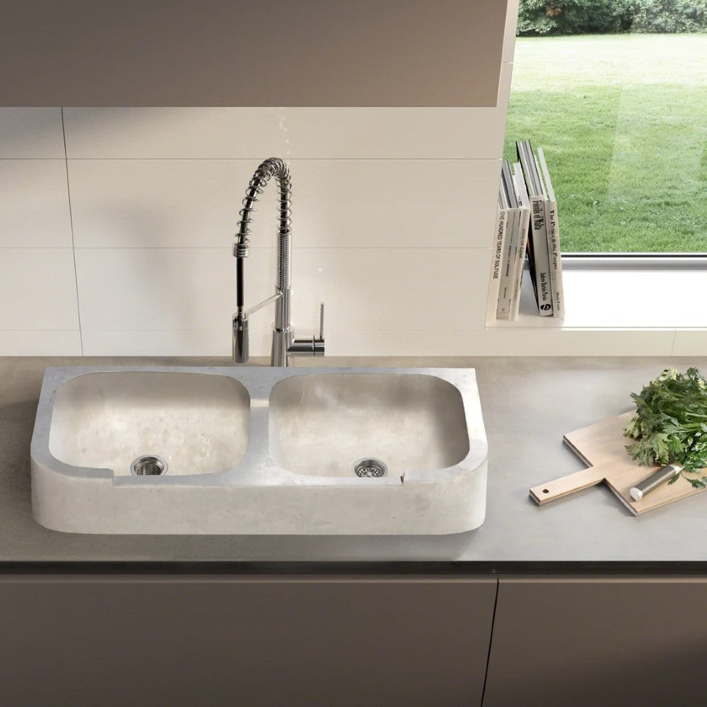 Light Travertine Farmhouse Double Bowl Kitchen Sink 18x36 7H
