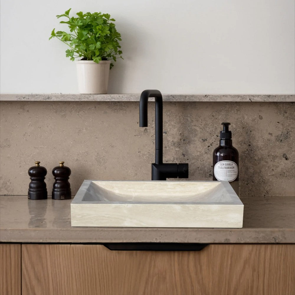Turkish Light Travertine Rectangular Vessel Sink - Honed and Filled 16x27.5 Inches