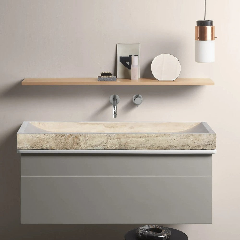 Light Travertine Rectangular Vessel Sink - Honed Hand-Split 16x48