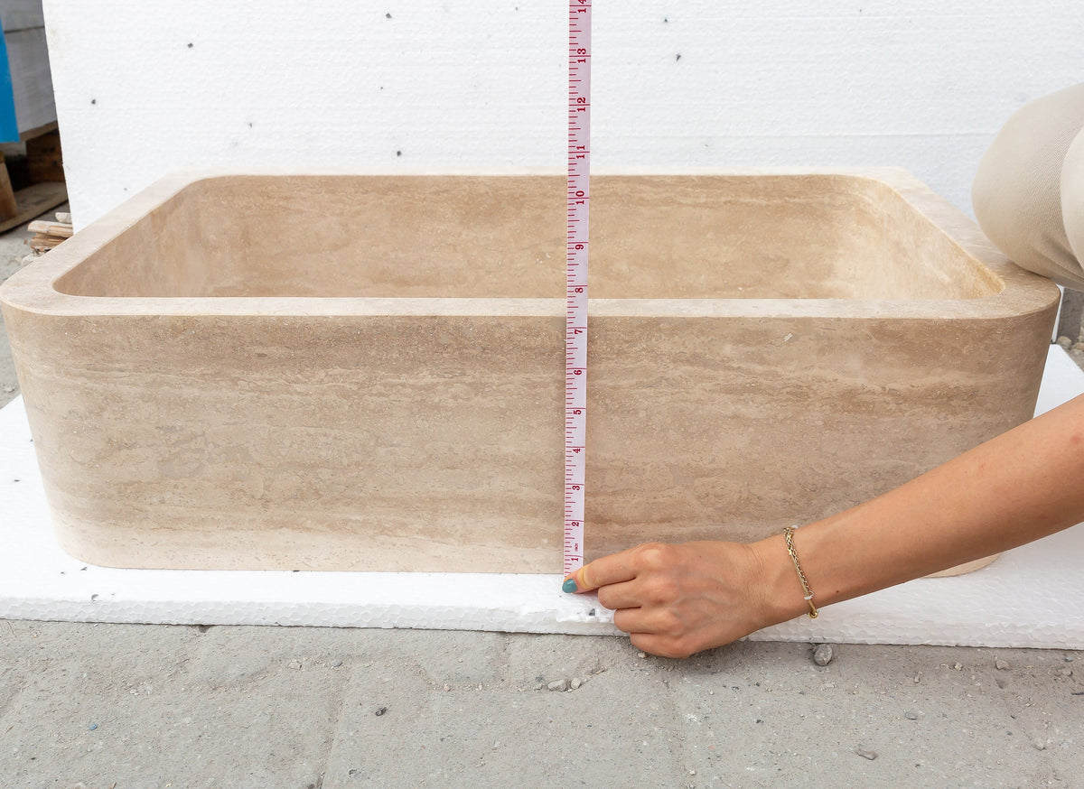 Light Travertine Farmhouse Apron Sink 18x27.5x7 - Honed and Filled Turkish Stone