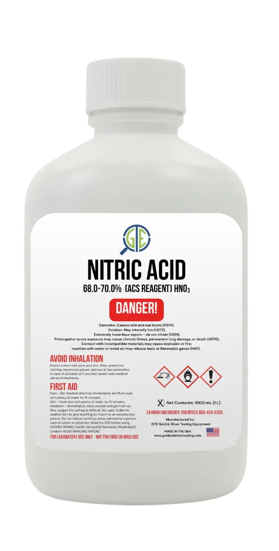 GTE Nitric Acid 70% – 32 oz (1000 mL) ACS Reagent Grade for Gold Refining