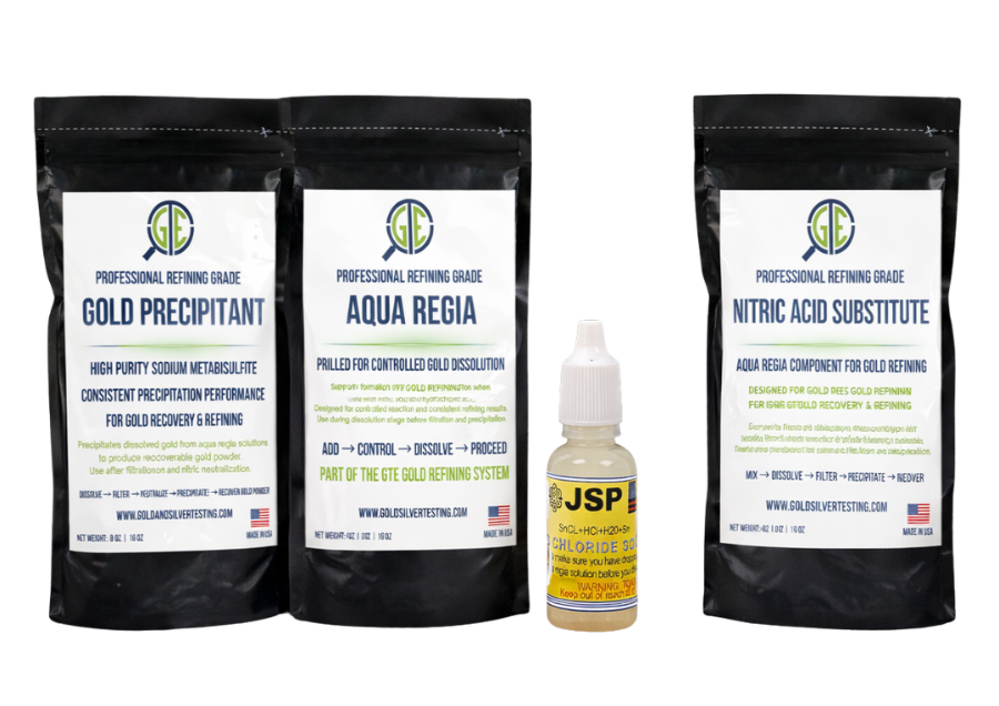 GTE Gold Refining Chemical Kit – 4-Piece Scrap Gold Recovery Set