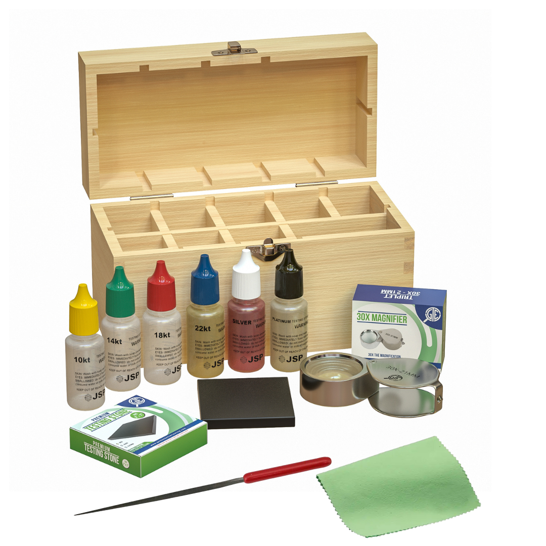 Gold, Silver, & Platinum Testing Kit 10K-24K Acids Magnifier Cloth & Bamboo Storage Box JSP & GTE