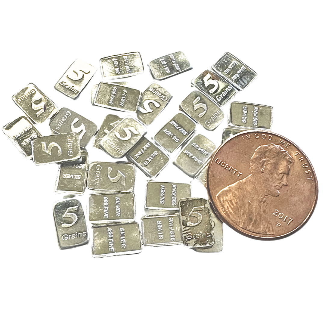 Set of 5 Pure Solid Silver Bars – .999 Fine, 5 Grain Each, Over 1 Gram Total