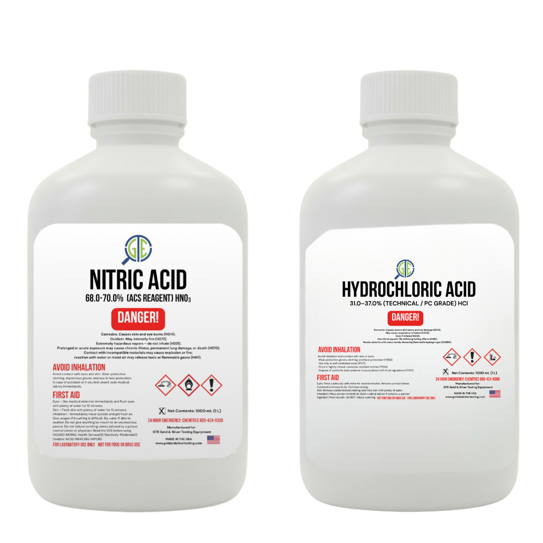 GTE Aqua Regia Gold Refining Acid Kit – 32 oz Nitric Acid & 32 oz Hydrochloric Acid