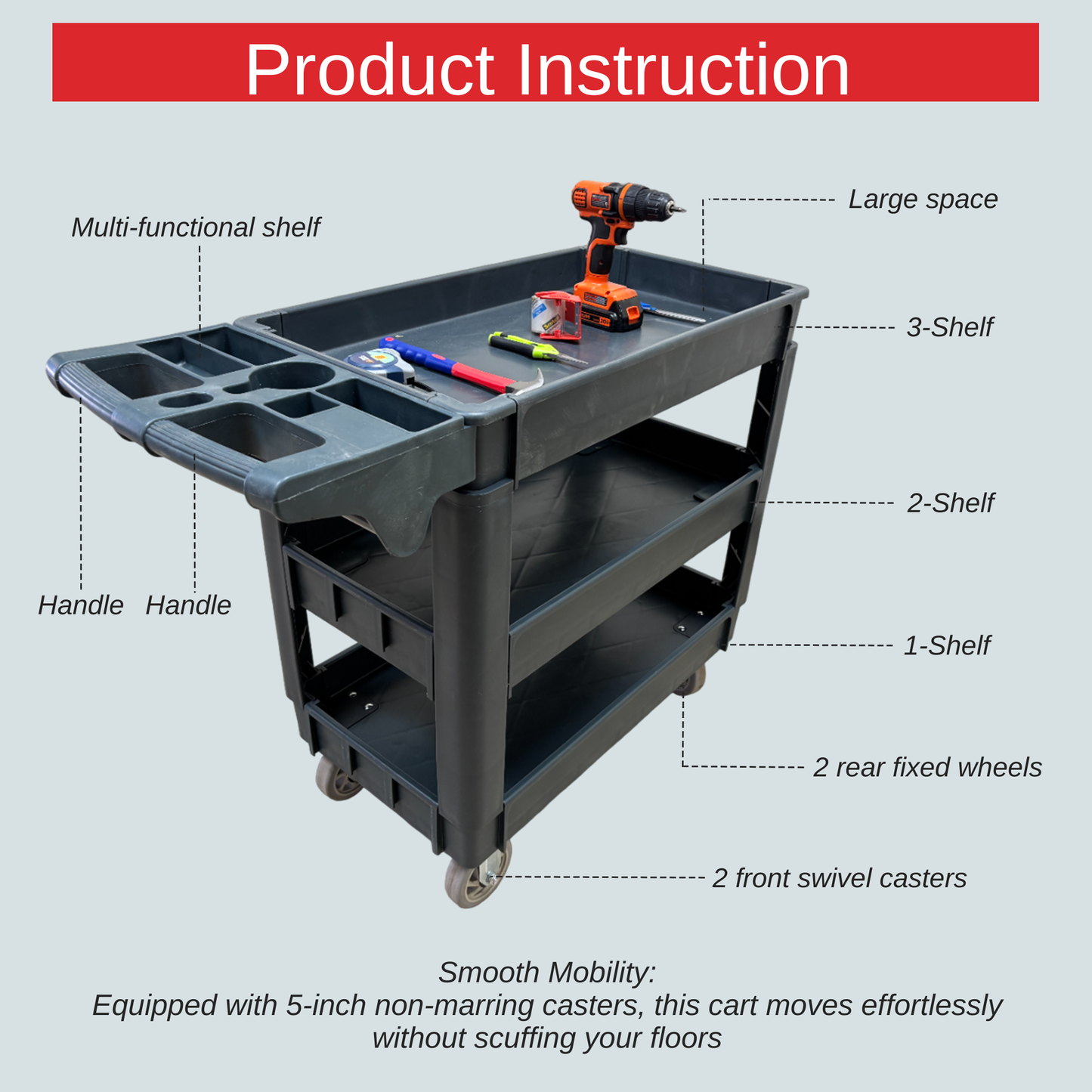 Heavy Duty Rolling Utility Service Cart for Warehouse/Garage/Restaurants/Offices, HDPE Shelves, 5" Caster Wheels