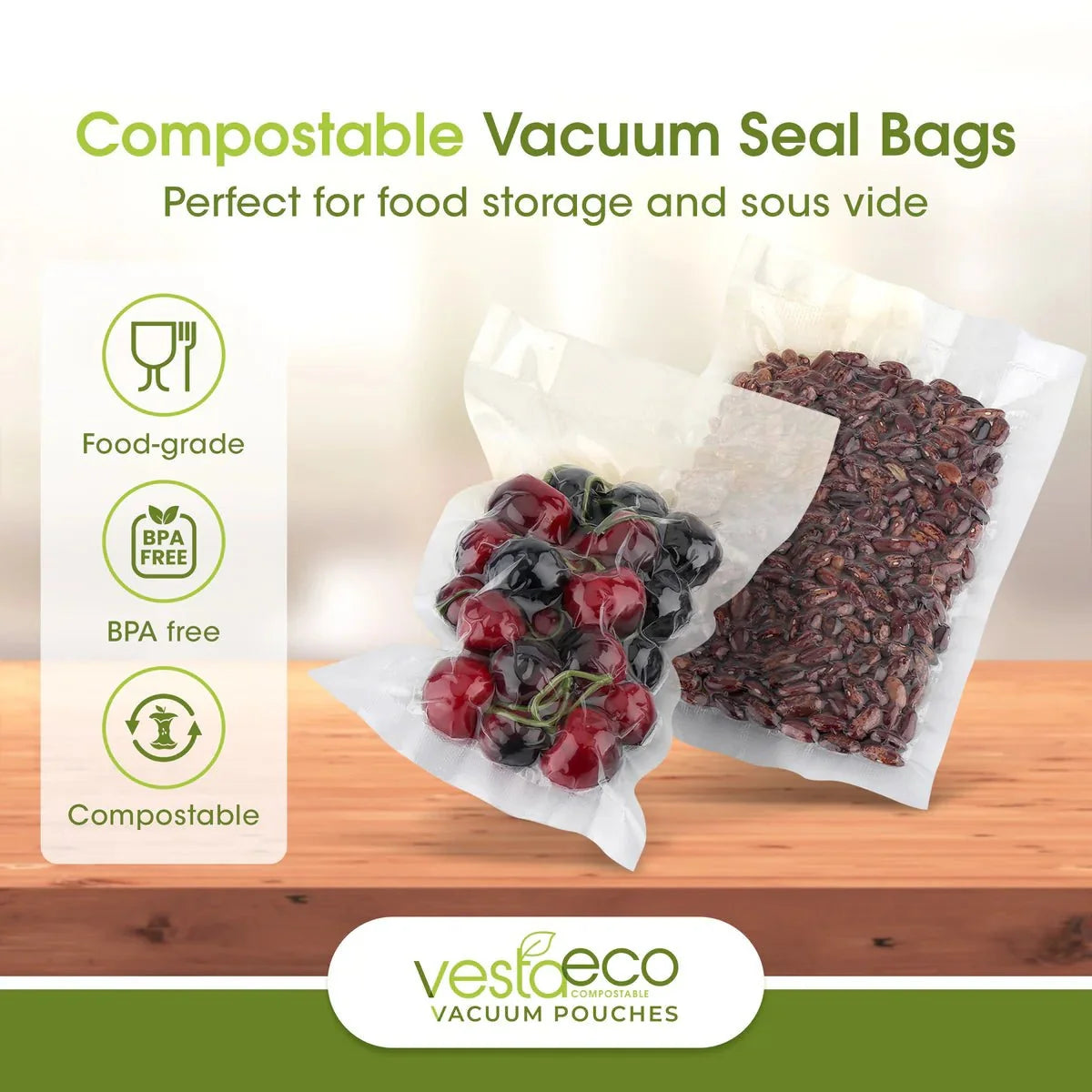 VestaEco 6 x 10 in Compostable Chamber Vacuum Seal Pouches, Pint Size, 3 Mil, 100 Bags (QTY 100), SKU 218111