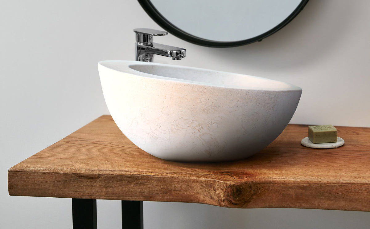 White Fossil Limestone Natural Stone Vessel Sink - Sloped Rim