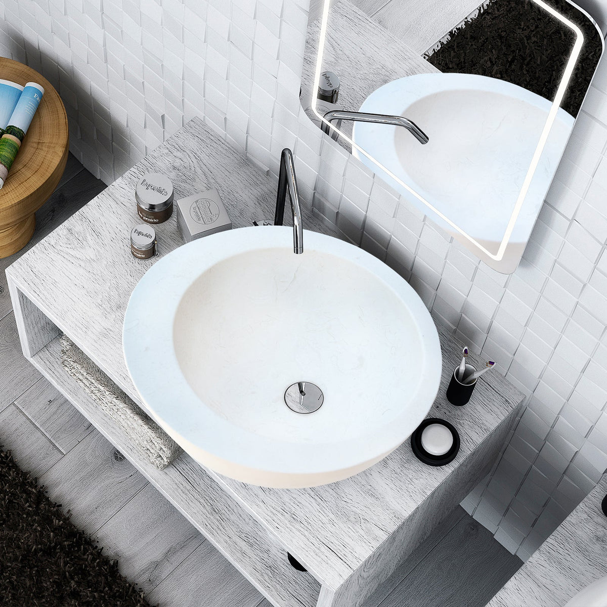 White Fossil Limestone Natural Stone Vessel Sink - Sloped Rim