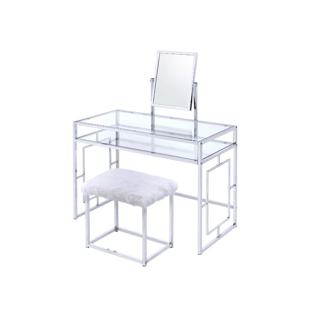 Carenze II - Vanity Set - White Faux Fur & Chrome