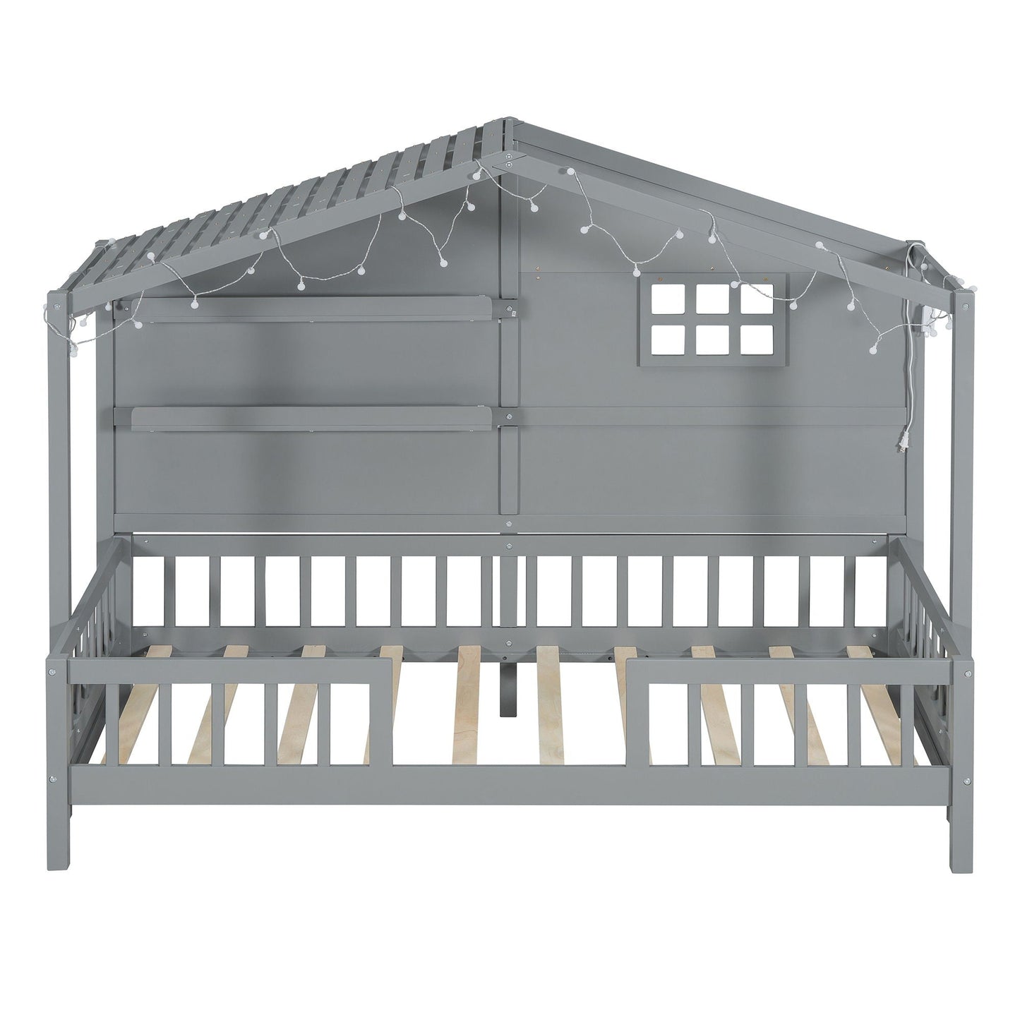 House Bed With Shelves, Window And Sparkling Light Strip On The Roof
