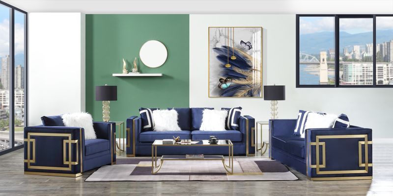 Virrux - Chair With 2 Pillows - Blue Velvet & Gold