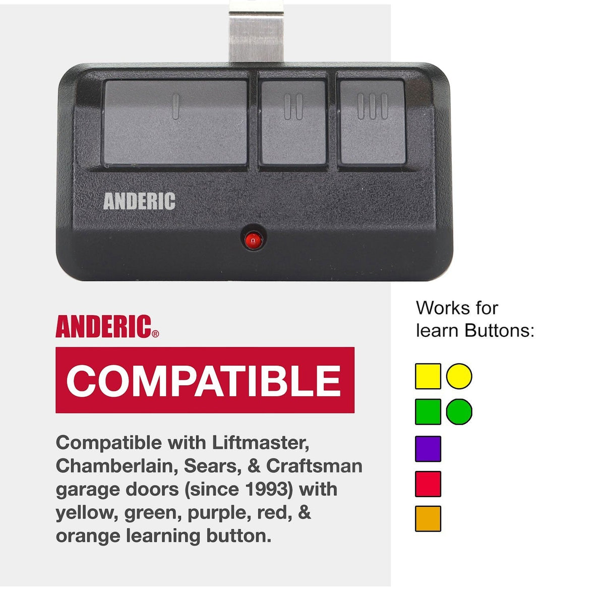 Anderic Substitute for Chamberlain 953EV 3-Button For all Chamberlain with Learn key Garage Door Opener Remote Control [893MAX]