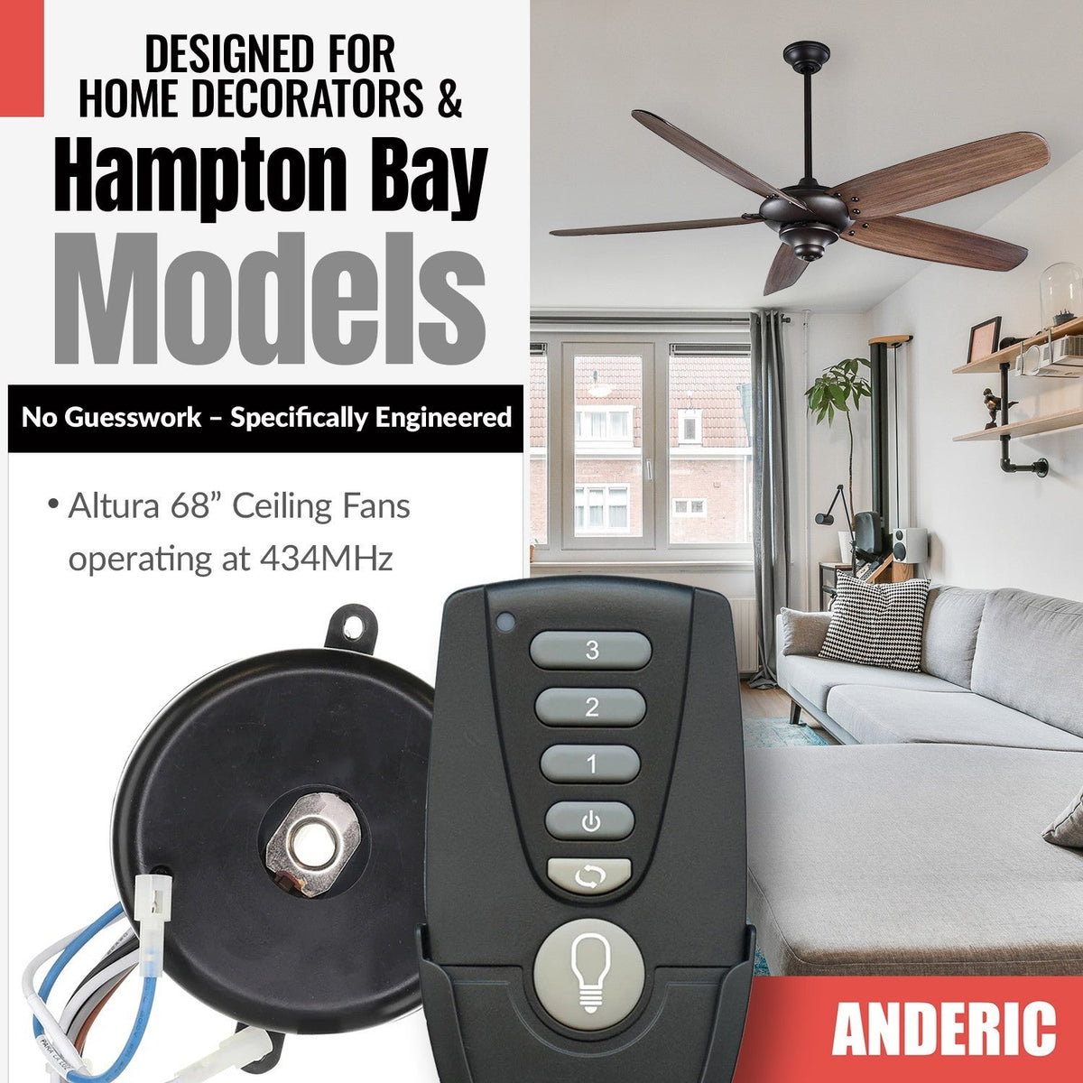 Anderic Substitute for Hunter 85069 IN2TX27 Ceiling Fan Remote Control [MR77A-RR7222T434-KIT]