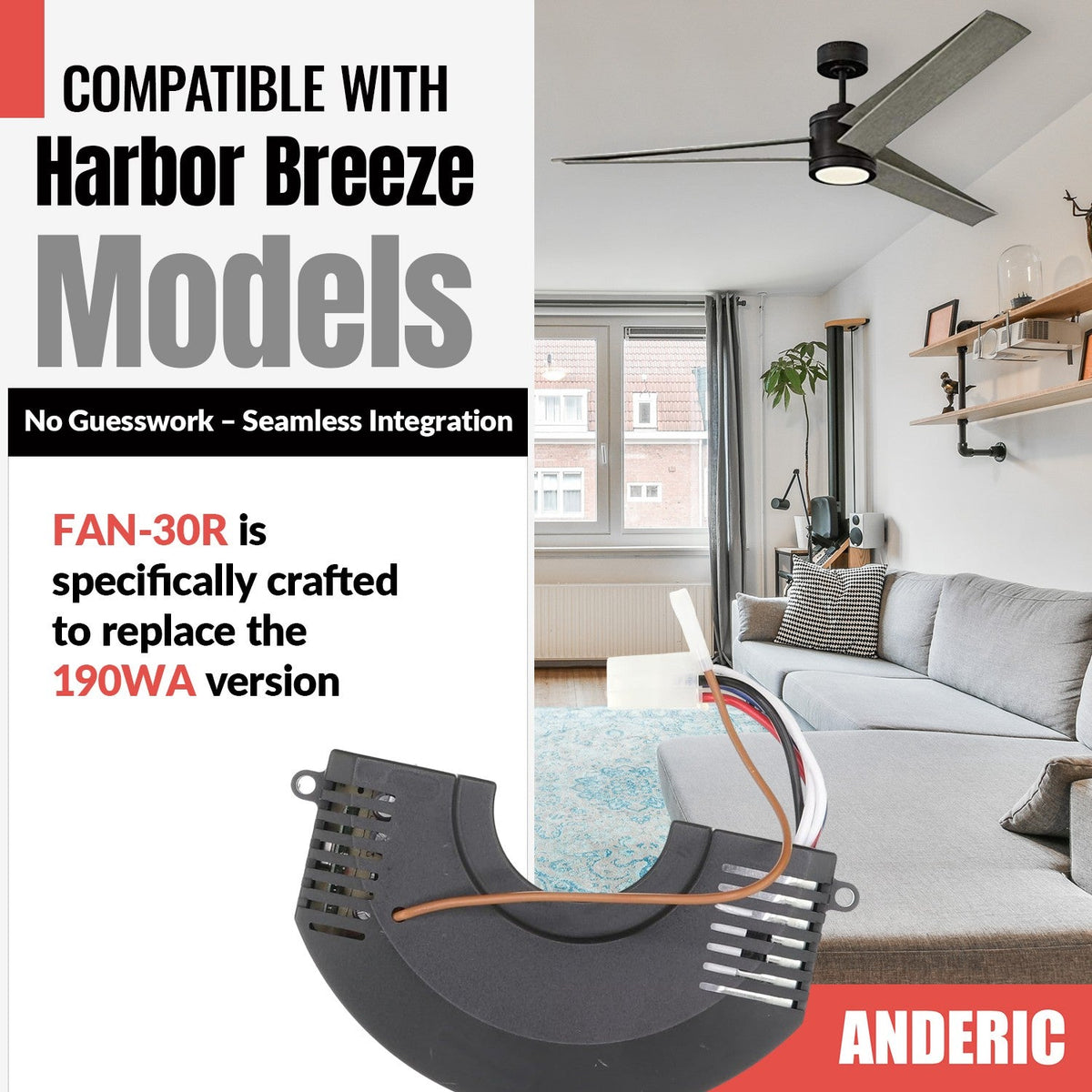 Anderic Substitute for Harbor Breeze MR58A 3-Speed Learning Ceiling Fan Receiver [FAN35T-FAN30R-KIT]