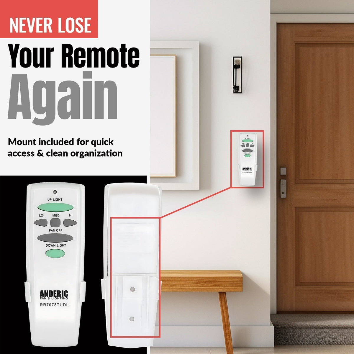 Anderic Substitute for Hunter IN2TX30 G0878-01 Ceiling Fan Remote Control [RR7078TUDLKIT]