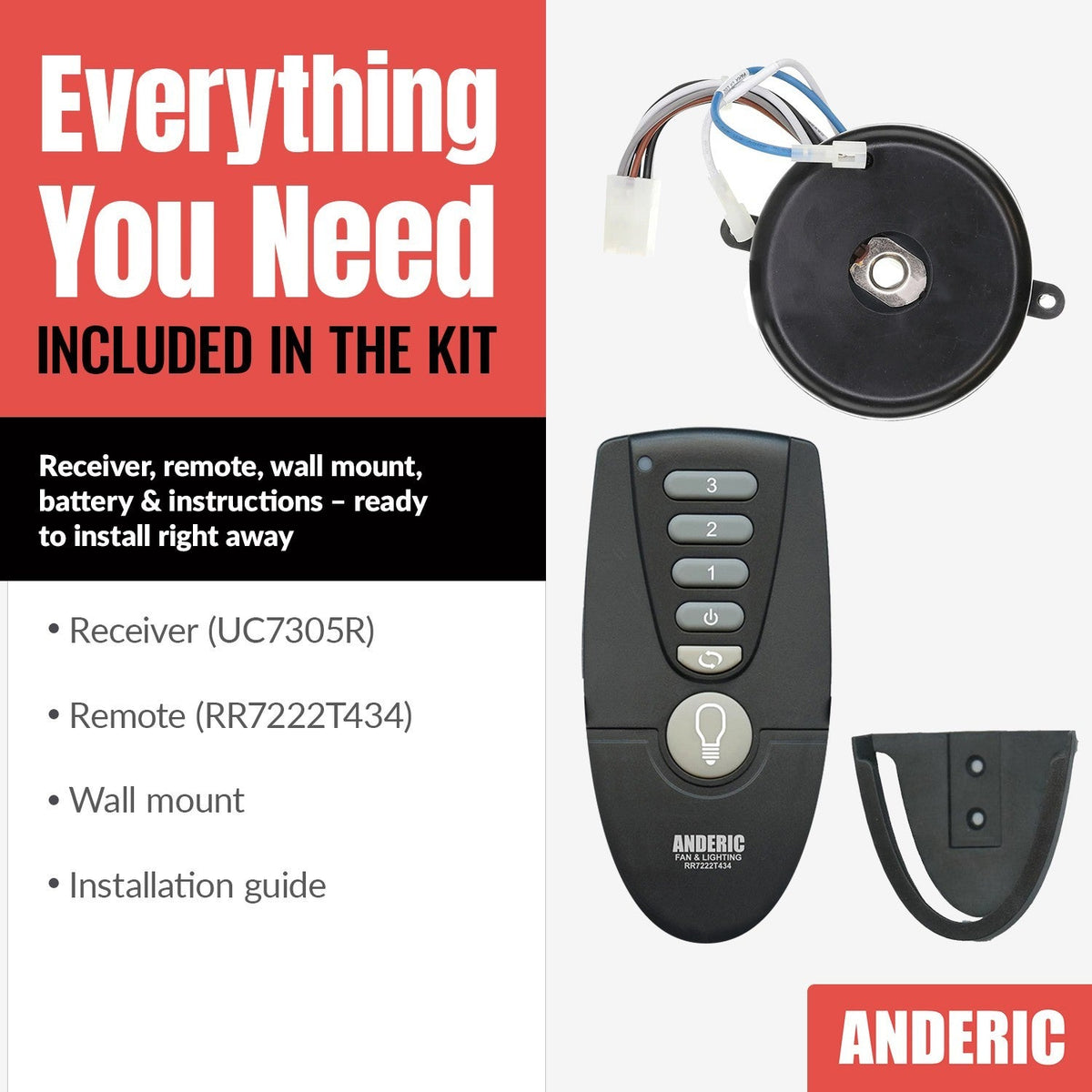 Anderic Substitute for Hunter 8511201 Ceiling Fan Receiver - 85112-01 [MR77A-RR7222T434-KIT]
