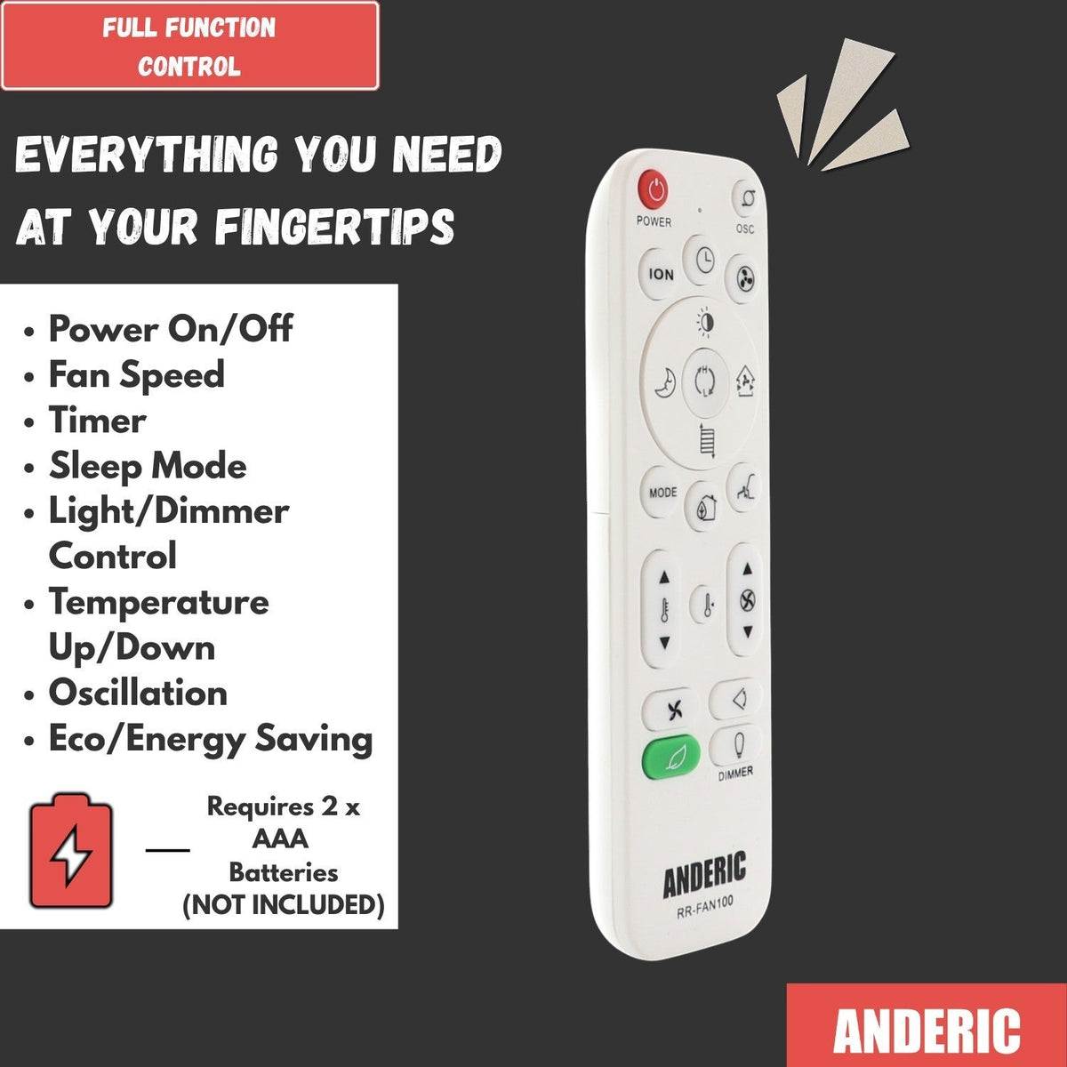 Anderic Substitute for Lasko 2033665D Upright Fan Remote Control [RRFAN100A]