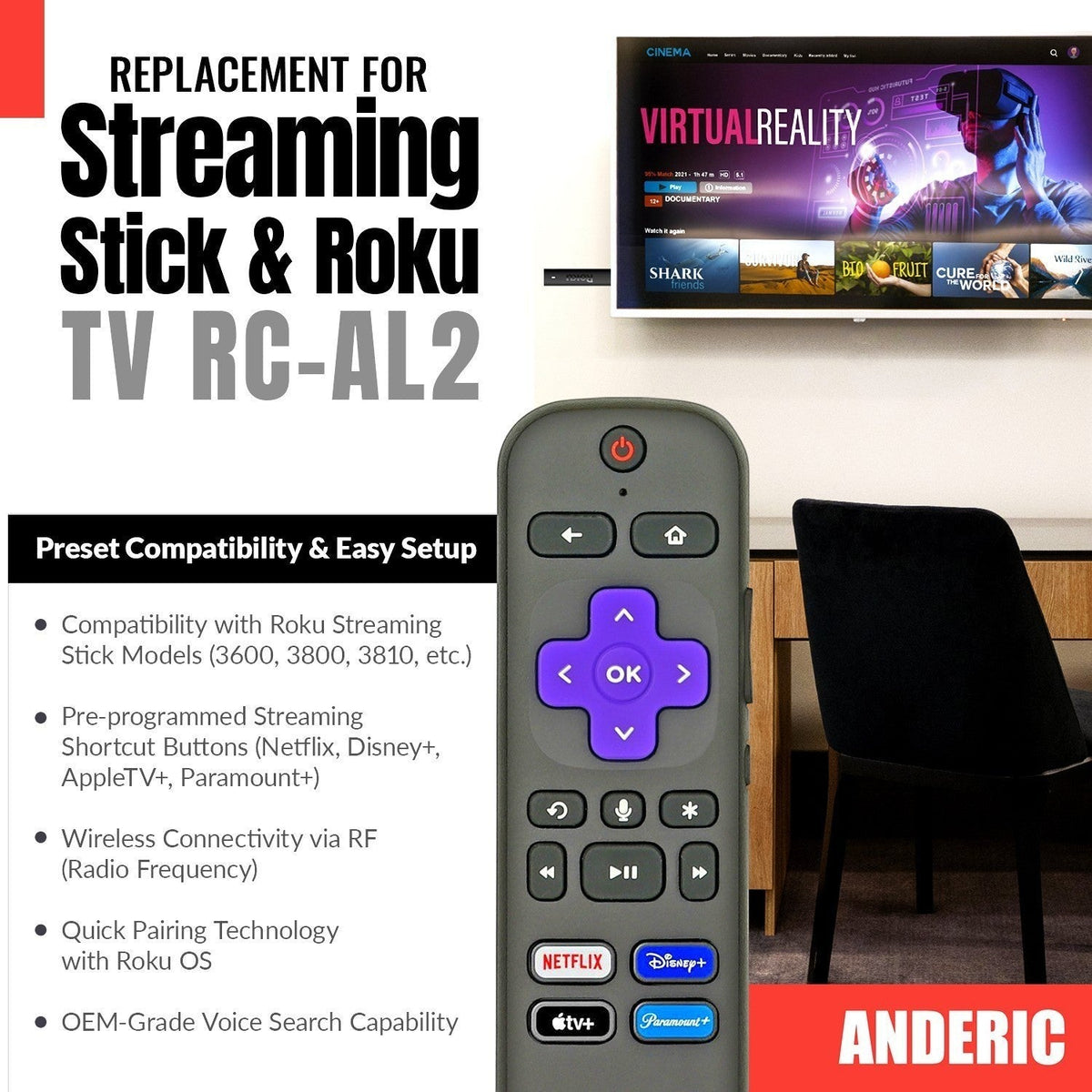 Anderic Substitute for Roku RC-AL8 Streaming Remote Control with Voice [RCGZ1]