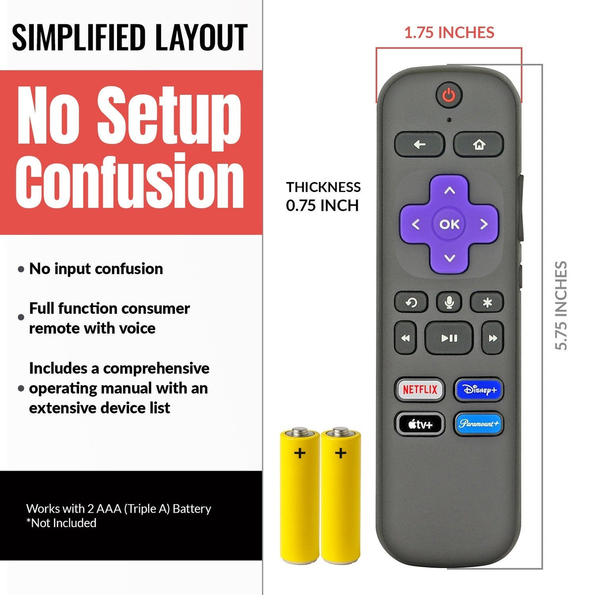 Anderic Substitute for Roku 3 RF Streaming Remote Control [RCGZ1, NO GAMING KEYS, HEADPHONE JACK]